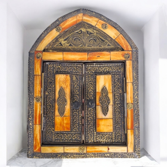 Exotic Handmade Wall Mirror Hidden Behind Closed Doors Camel Bone Metal - 17